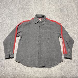 VTG Retro Blues Polyester Rayon Fleece Racing Stripe Button Up Shirt Men's XL